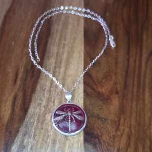 Vintage Silver Dragonfly and Red Czech Glass Button Necklace 18"